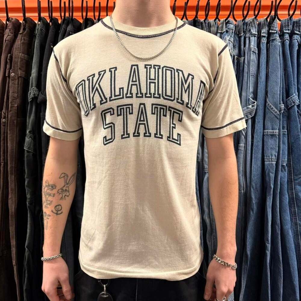 Vintage 70s Champion Oklahoma State Blue Bar Shirt - Made in USA - Medium